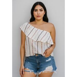 Suncoo Paris 1/Small Top Lynn One Shoulder White Metallic Striped Cotton Blend